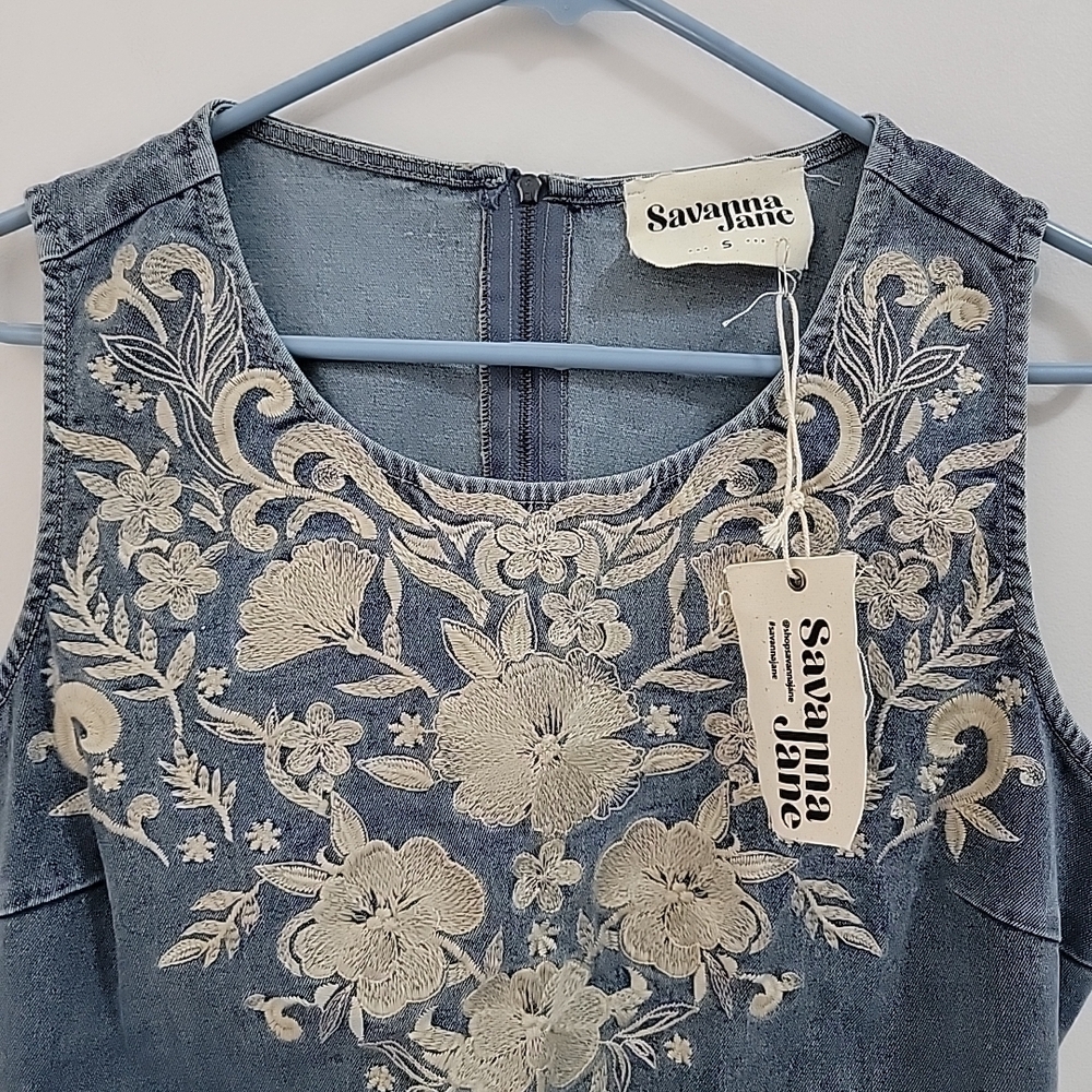 Savanna Jane Denim Blue Sleeveless Embroidered Mini Dress - Picture 2 of 9